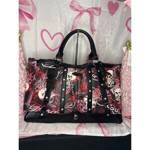Ed Hardy Large Skull and Rose Tattoo Print Satchel Handbag